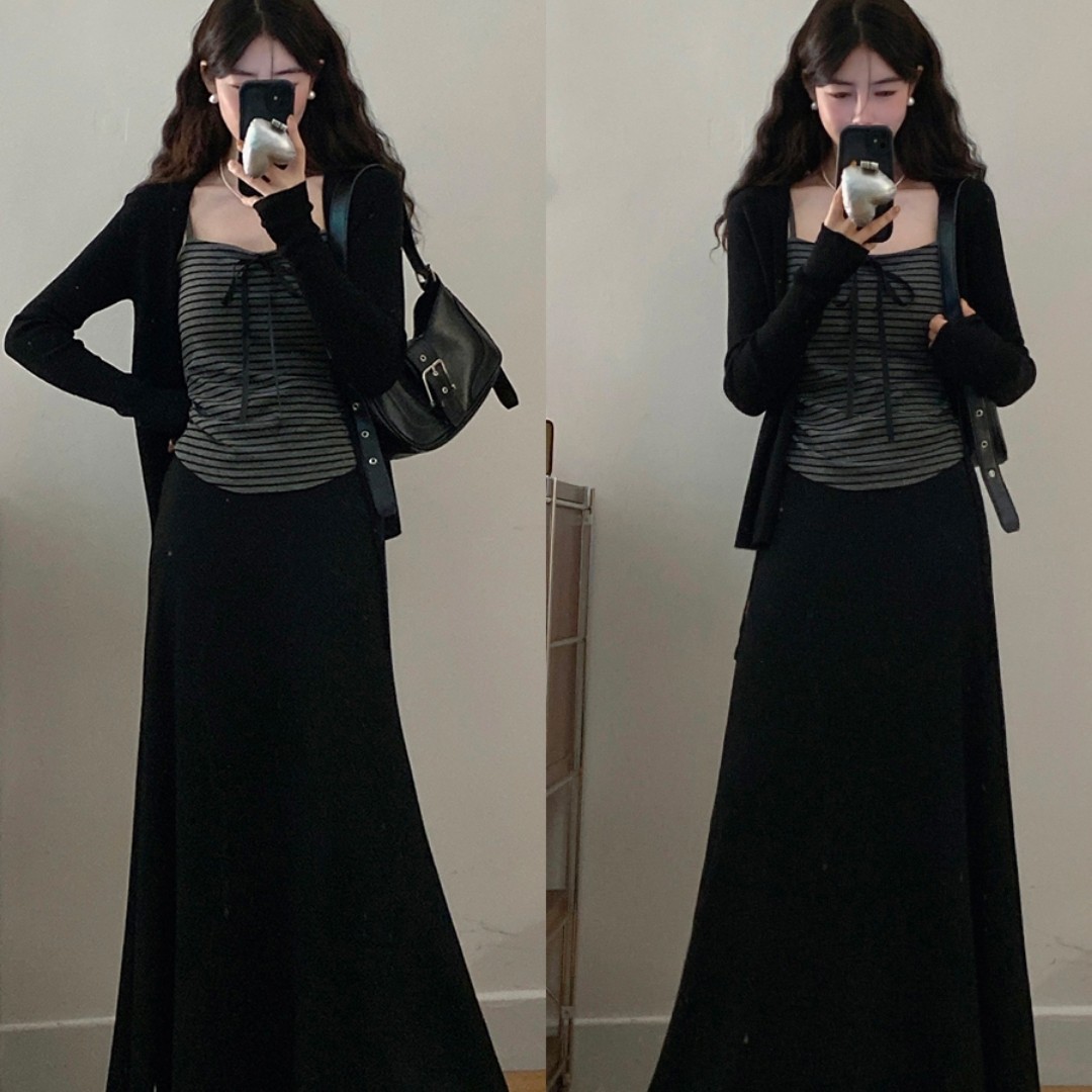 实拍~大码女装&ldquo;奥利奥千层&rdquo;微胖mm松弛感条纹吊带开衫半裙套装