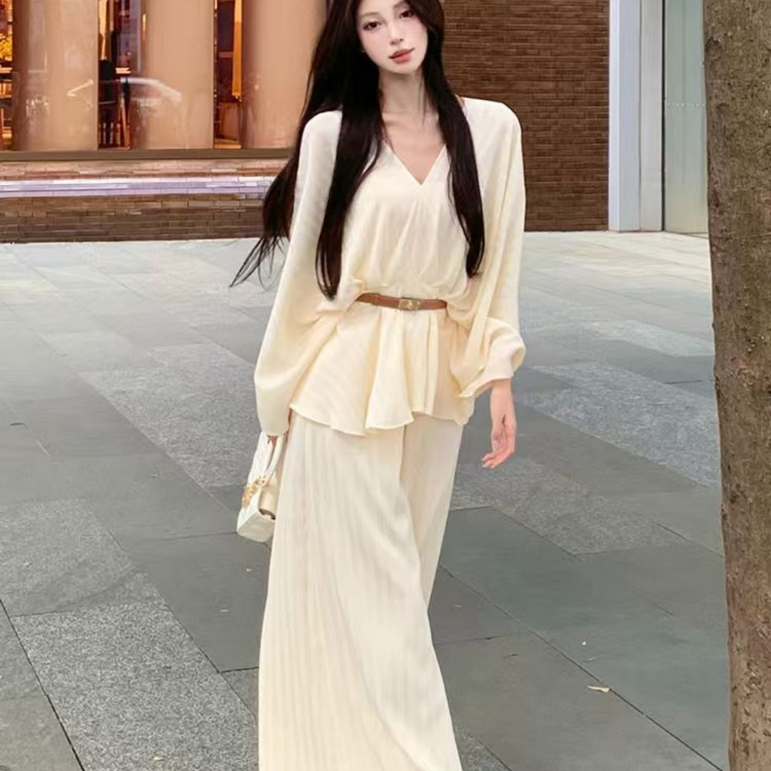 新款2025松弛感穿搭套装气质宽松长袖衬衫上衣女初秋休闲阔腿裤白