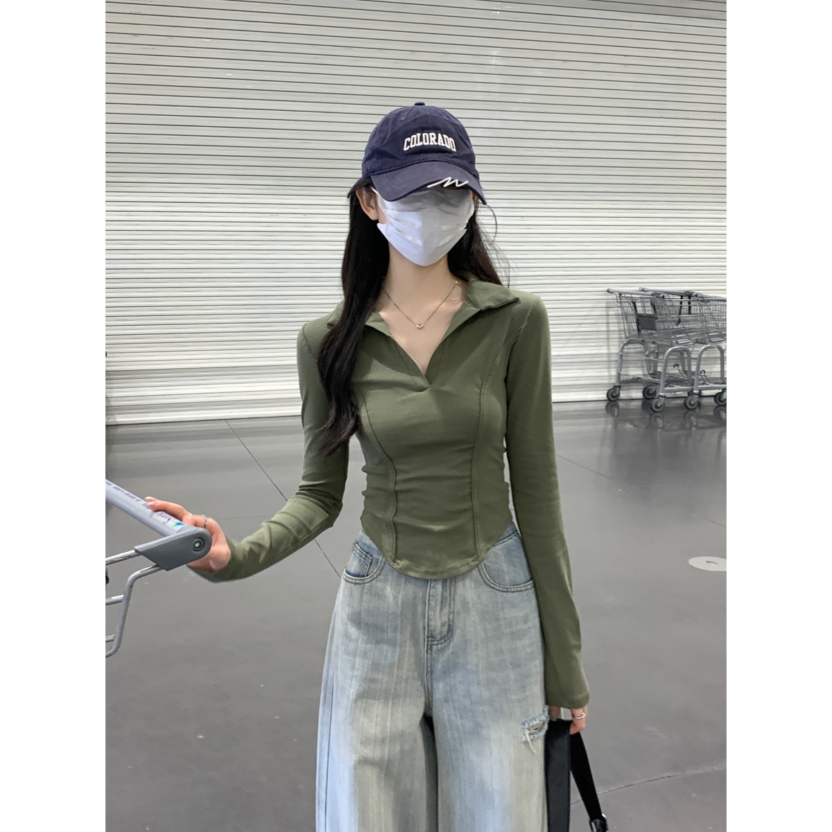 实拍实价 秋季新款修身气质polo领鱼骨显瘦纯棉长袖T恤上衣女