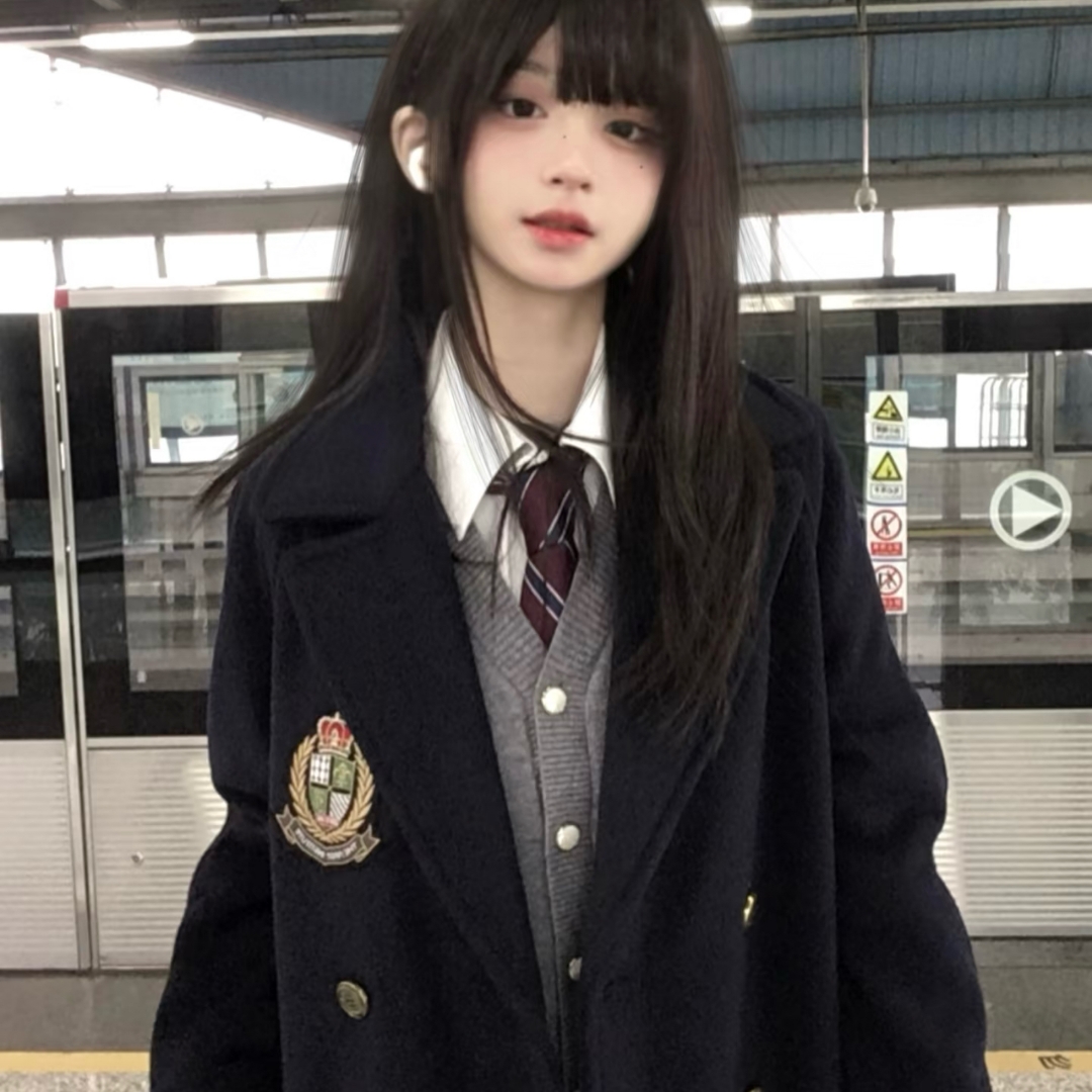 呢子大衣高个子风衣日系学院风中长款毛呢外套女Jk套装纯欲