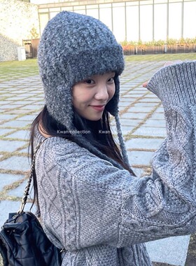 KWAN韩系ins灰色可爱拉法帽秋冬保暖防寒护耳针织毛线帽飞行帽子