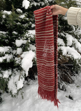 KWAN红色条纹针织围巾女秋冬保暖韩系新年氛围感百搭加厚围脖新款