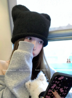 KWAN韩系ins可爱小猫耳朵针织帽秋冬保暖护耳包头帽毛线帽子女