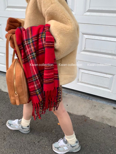 圣诞红色格子围巾秋冬复古保暖