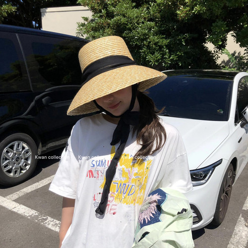 韩系大檐麦秆草编织草帽防风飘带