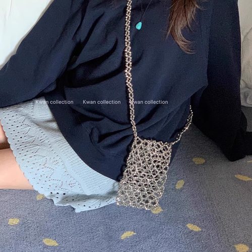 韩版金属银色手工串珠手机包斜挎