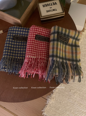 KWNA美娜同款韩国格纹羊毛围巾女ins复古百搭保暖围脖秋冬季新款