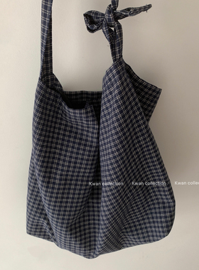 KWAN日系棉麻格纹慵懒帆布袋轻便单肩斜挎包复古小众百搭托特包女