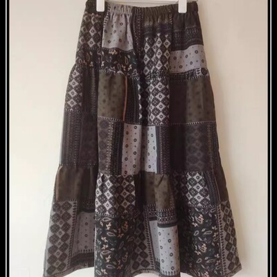 春季女装大方格棉麻长裙  拼色格子花民族风印花亚麻松紧腰半裙