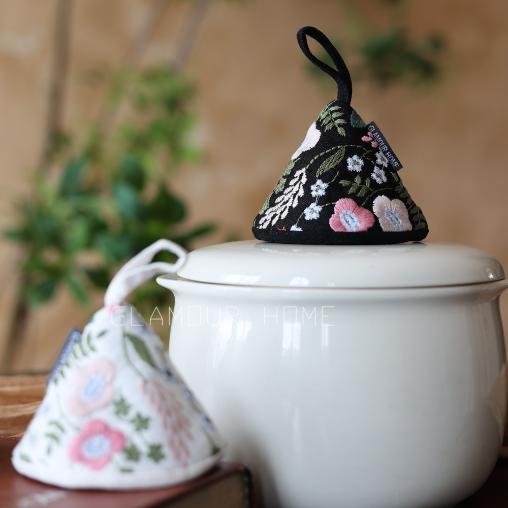 重工刺绣花卉锅帽珐琅锅防烫锅耳套锅盖帽耐热加厚棉麻加长挂环