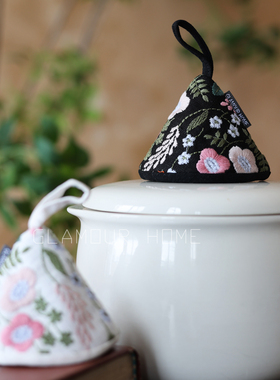 重工刺绣花卉锅帽珐琅锅防烫锅耳套锅盖帽耐热加厚棉麻加长挂环