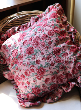 法式浮雕红玫瑰提花双面抱枕荷叶边复古美式腰枕沙发客厅婚房布置