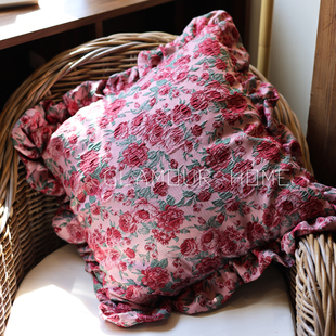 法式浮雕红玫瑰提花双面抱枕荷叶边复古美式腰枕沙发客厅婚房布置