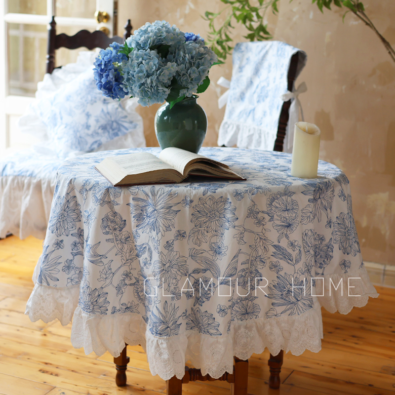 荷叶边刺绣重工圆桌布纯棉法式