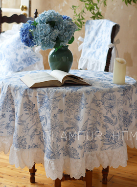 法式荷叶边圆桌布复古高级重工纯棉刺绣美式下午茶户外布置茶几布