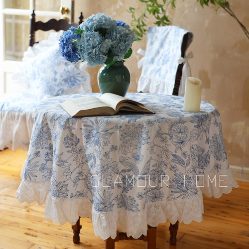 荷叶边刺绣重工圆桌布纯棉法式