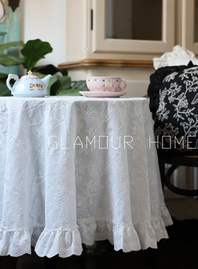 法式荷叶边桌布重工立体刺绣方圆桌下午茶甜品台布纯棉氛围感台布