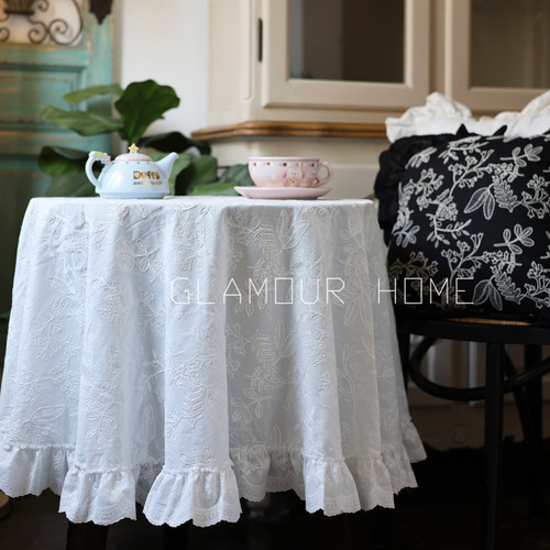 立体刺绣法式重工荷叶边桌布纯棉