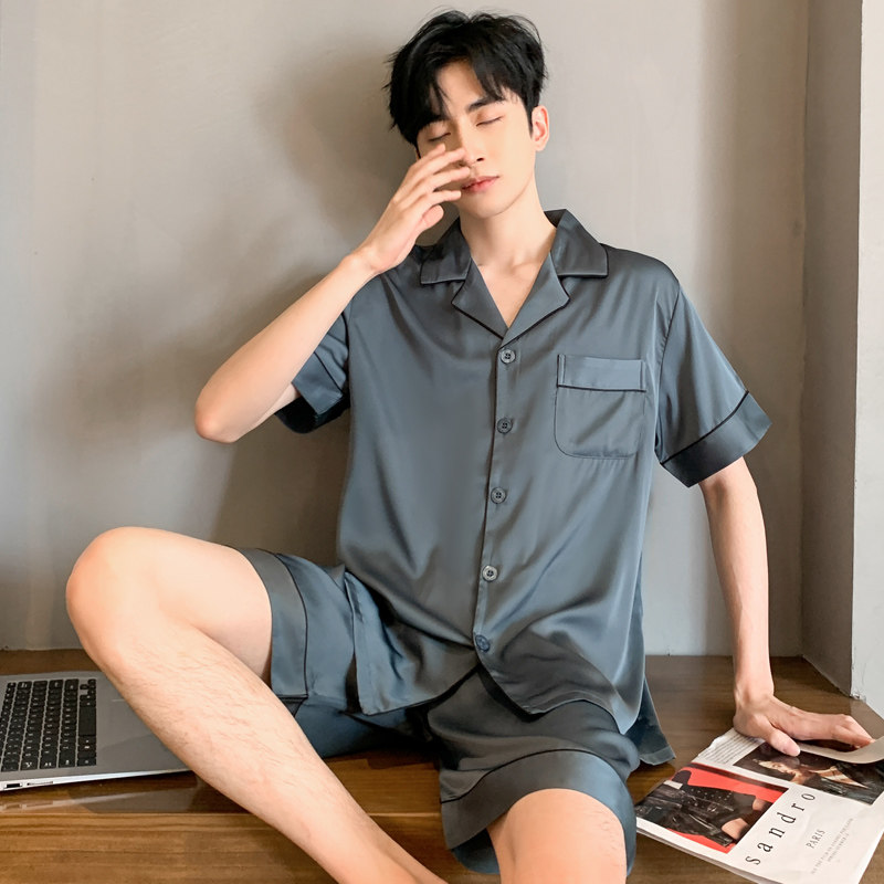 冰丝睡衣男夏季薄款短袖短裤男士夏天丝绸家居服男款宽松套装2023