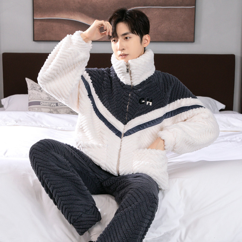 男款青少年可爱外穿学生拉链套装你那是睡衣秋冬季加绒加厚家居服