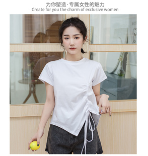 女装夏短袖T恤纯棉抽绳百搭ins小香风燕尾脚年轻时尚上衣女打底衫
