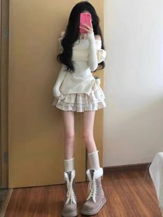 小个子纯欲风蓬蓬蛋糕连衣裙秋冬新款 甜美一字肩毛衣半身裙两件套