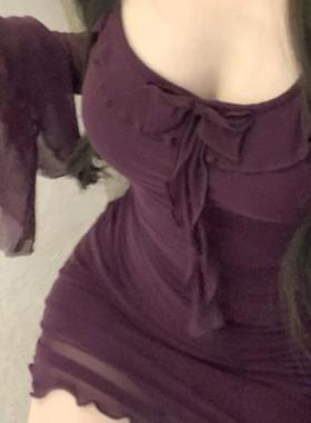 纯欲风紫色超仙网纱连衣裙女秋冬2024新款荷叶边长袖气质主播短裙