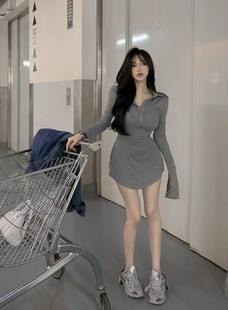 纯欲polo领长袖针织包臀短裙秋冬2024新款辣妹紧身气质打底连衣裙