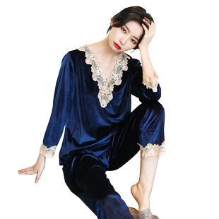 金丝绒睡衣女秋冬长袖套装珊瑚绒薄绒可外穿大码单面绒V领家居服