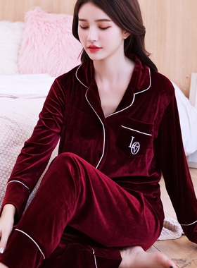 金丝绒睡衣女春秋高贵洋气女人味长袖天鹅绒两件套家居服冬季红色