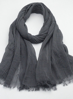 春款围巾男女春秋冬天薄款全棉日系深灰黑色百搭复古棉麻丝巾防晒