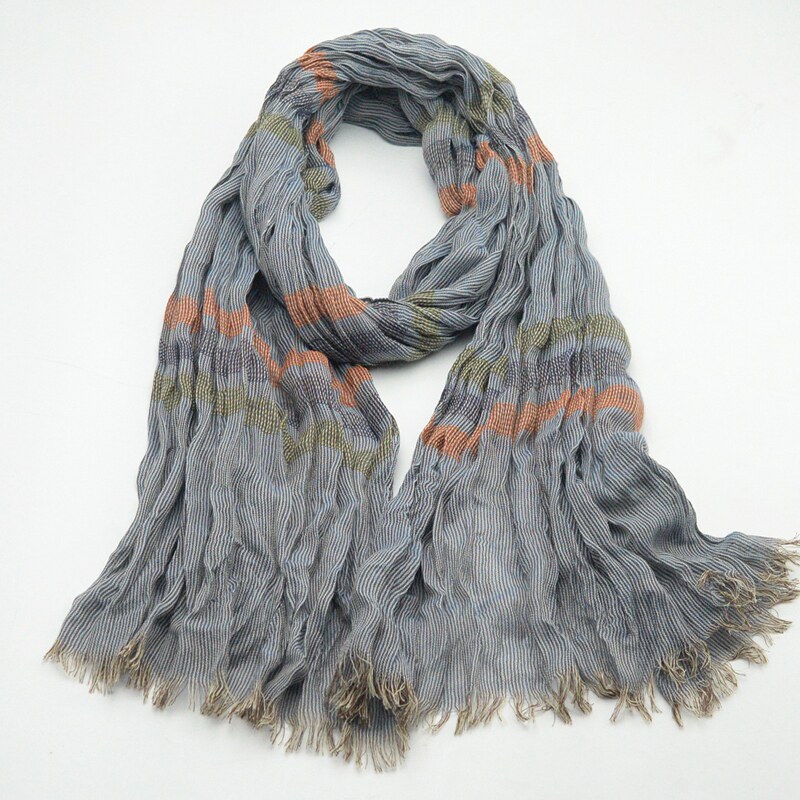 蓝白色条纹新款围巾男女春秋季薄日系清新褶皱舒适百搭棉麻风夏天