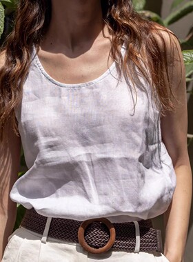 100%纯亚麻上衣女背心上衣夏季高端凉感透气无袖麻色内搭宽松度假