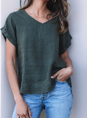 夏季亚麻女T恤短袖V领熟女宽松外贸高端水洗性感气质上衣欧版2023