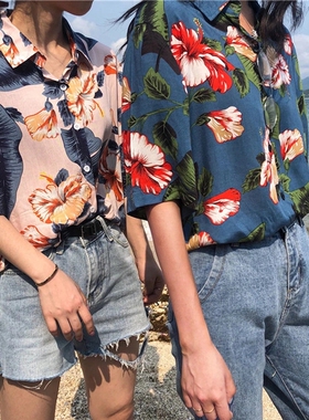 港风女印花衬衫2021夏季新款百搭复古设计感宽松中长款短袖碎花衬