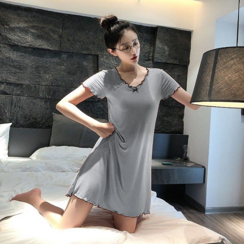 夏季薄款女士睡裙带胸垫莫代尔棉透气短袖高级感中裙宽松孕妇睡衣