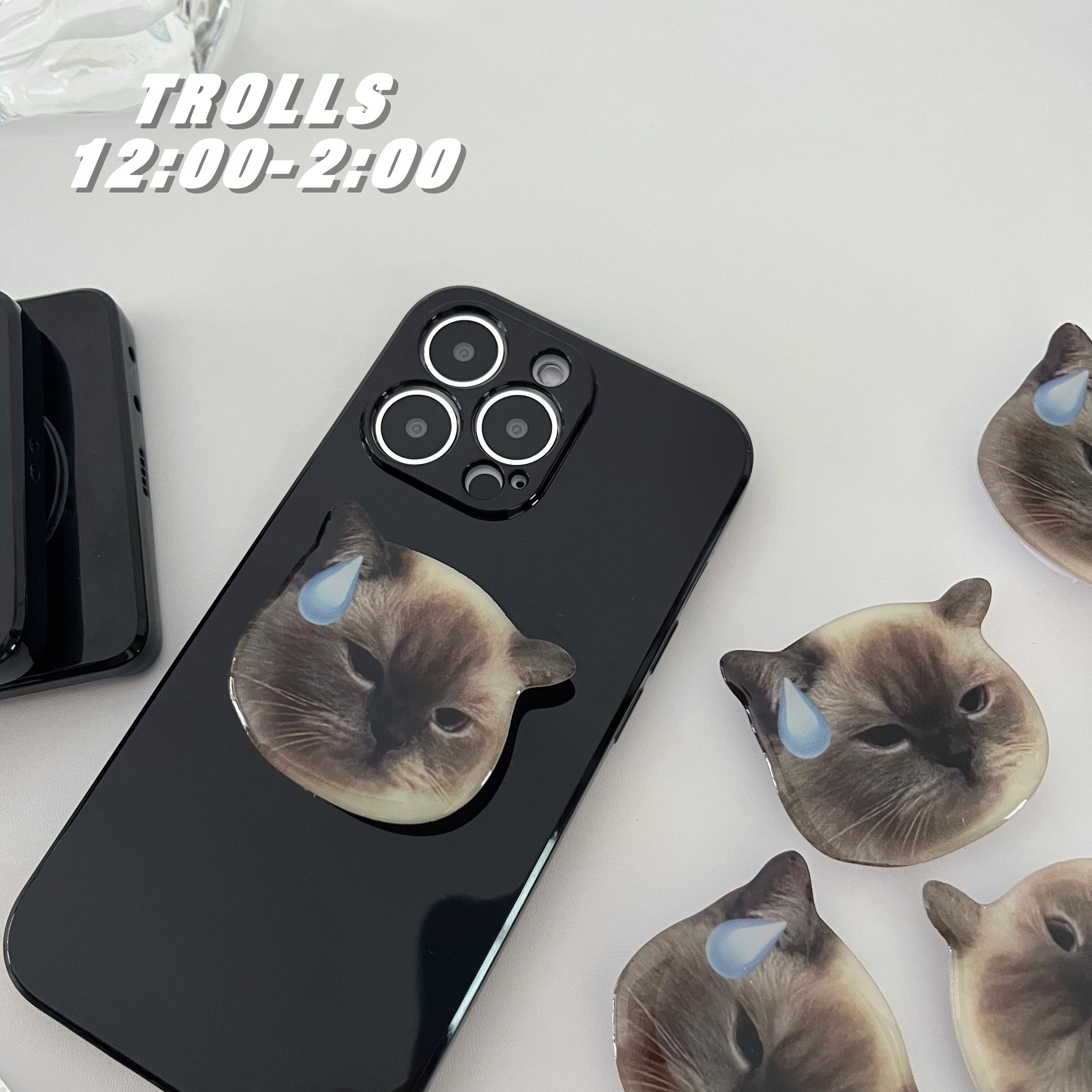 Trolls●猫猫无语ins小众可爱支架mate70pro手机壳适用苹果16/15/14华为p70全包亮面黑色软壳防摔小米15/oppo