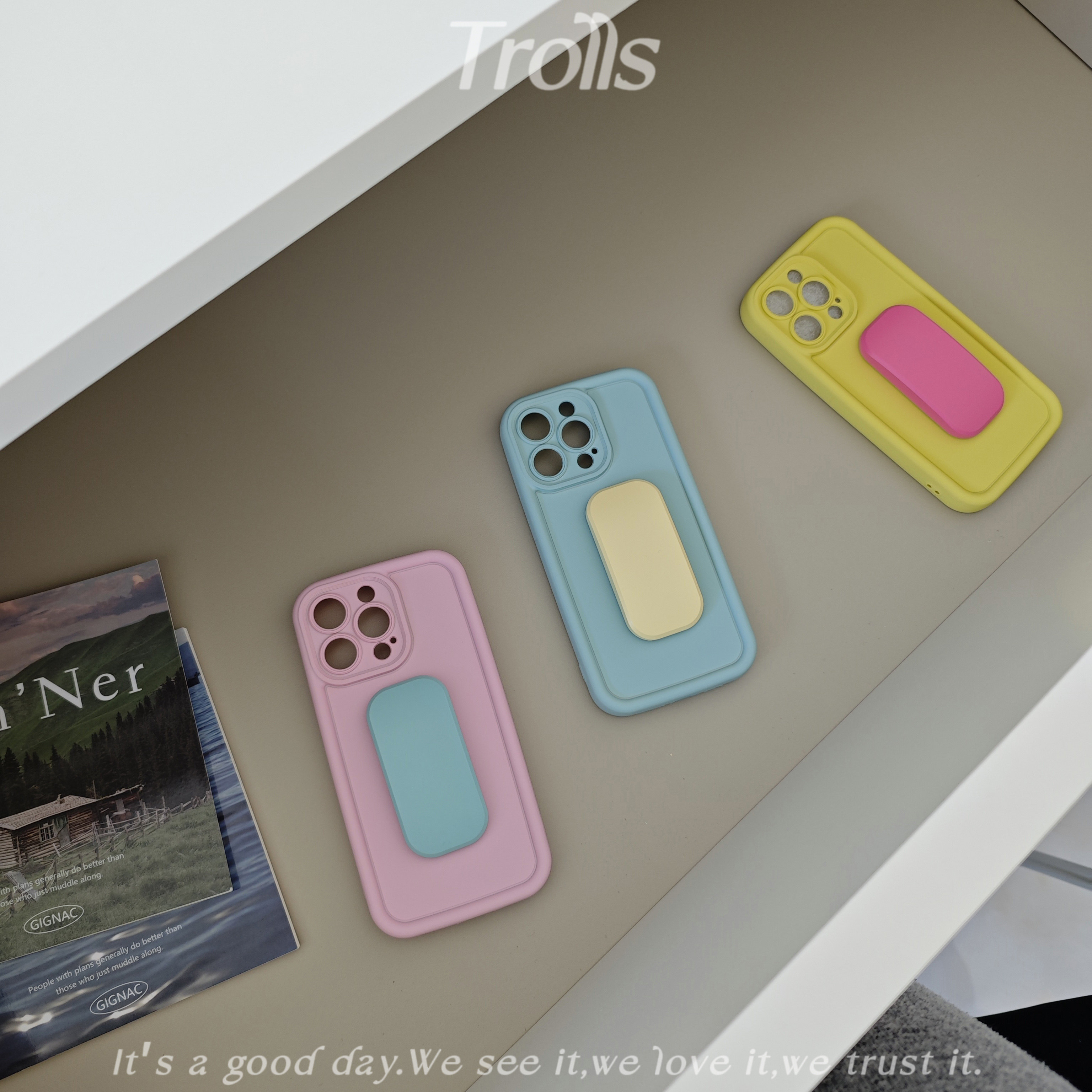 Trolls【撞色马卡龙】清新少女心纯色手机壳适用华为mate70proiphone16小米15韩国ins横放竖放可两用推拉支架