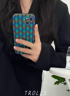 Trolls 小众高级感ins复古撞色菱格手机壳适用苹果17promax/16proiphone14/15pro13软壳全包防摔中性风保护套