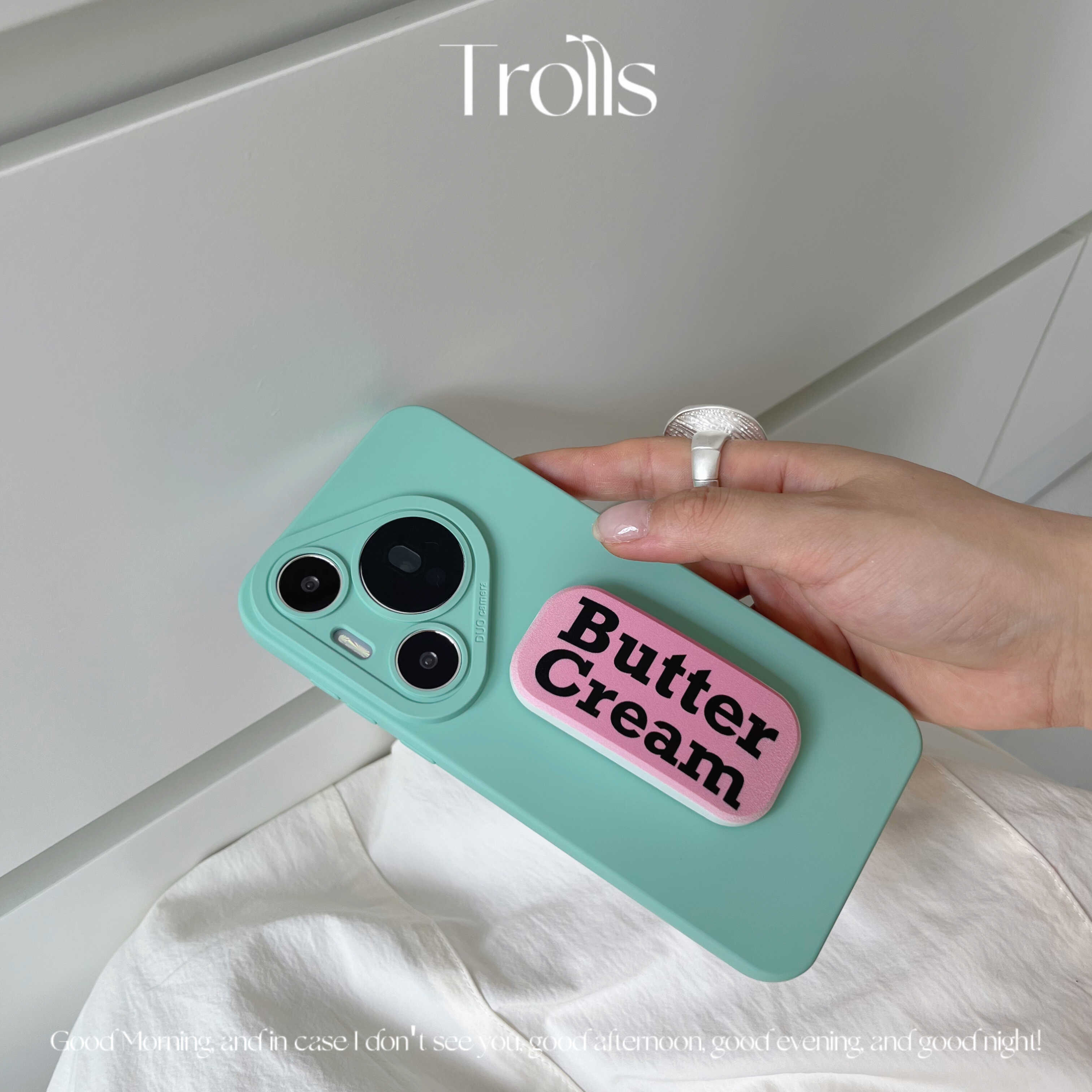Trolls|小众ins高级感海盐薄荷绿色手机壳适用华为mate70Pro小米15/苹果16findx8推拉支架可横放竖放全包防摔