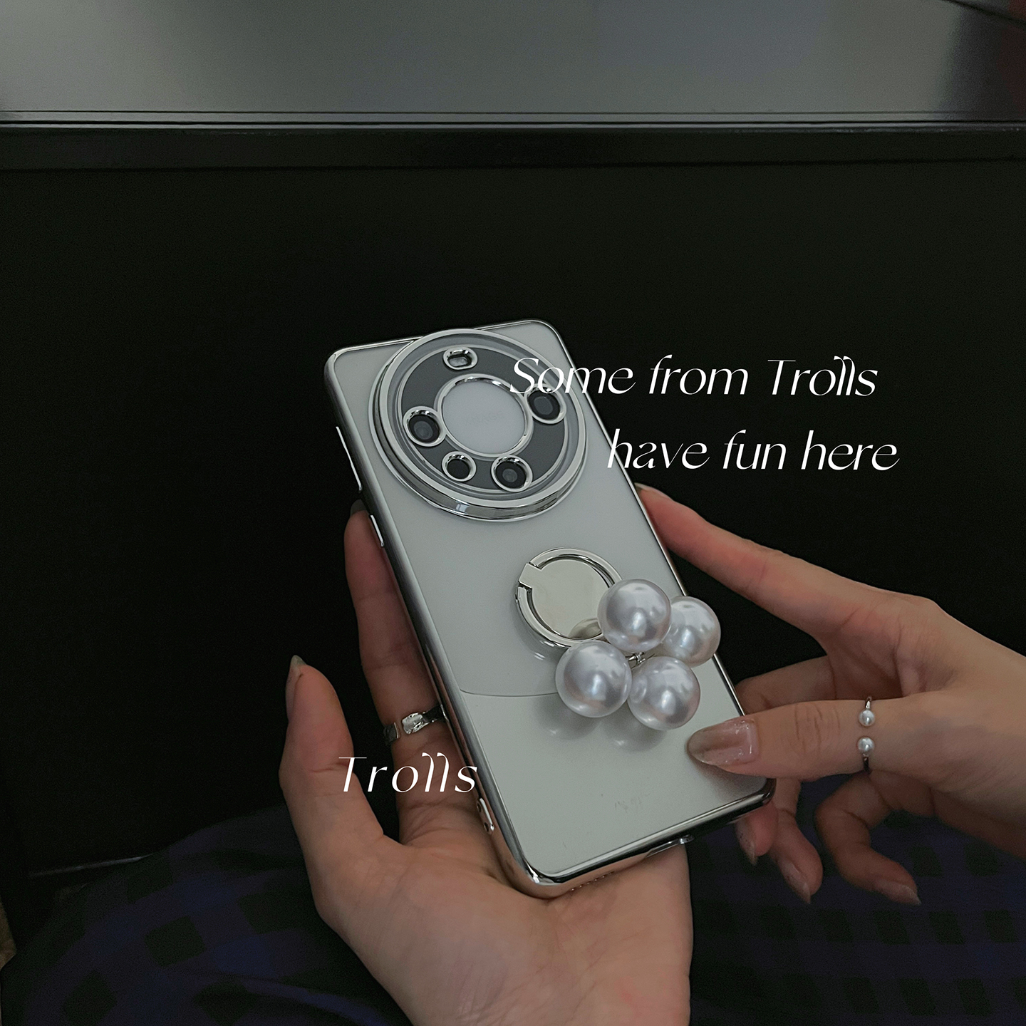 Trolls｜月光银珍珠戒指 小众ins高级感珍珠指环戒指支架手机壳适用华为mate70/p80U苹果16小米17findx9/X300