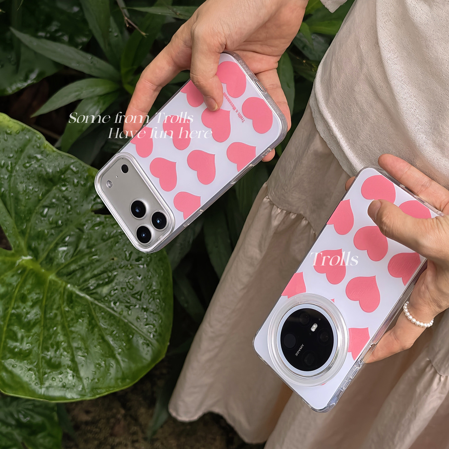 Trolls｜桃花粉心 韩国ins风清新少女粉粉爱心系列手机壳亮面透明边框适用华为mate80pro/苹果17promax小米17