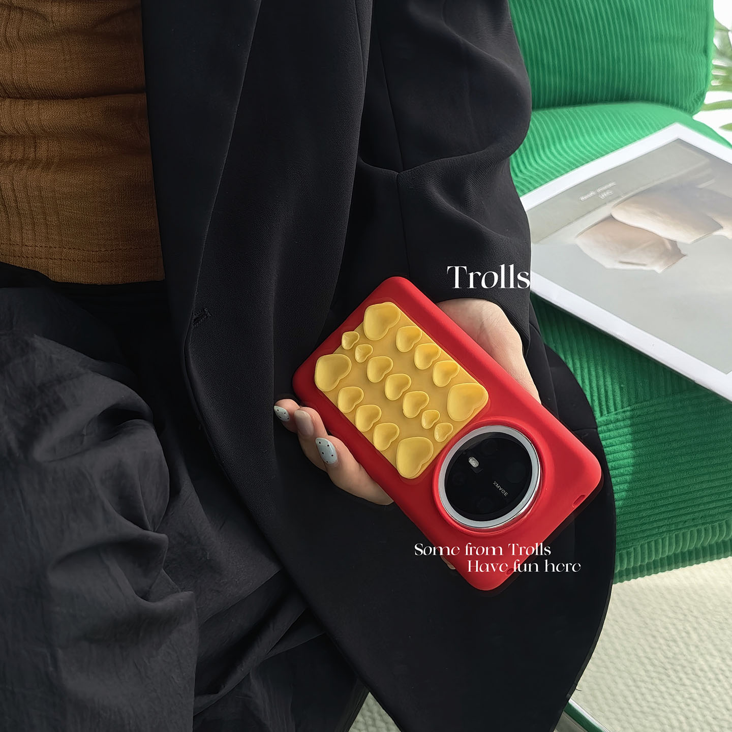 Trolls|番茄芝士 韩国极简ins风撞色芝士黄软胶爱心吸盘番茄红液态硅胶手机壳适用苹果17/华为pura90荣耀600