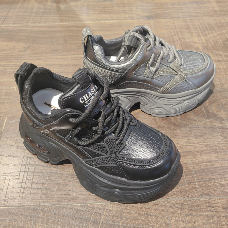 2025年新款老爹鞋女水钻高跟系带