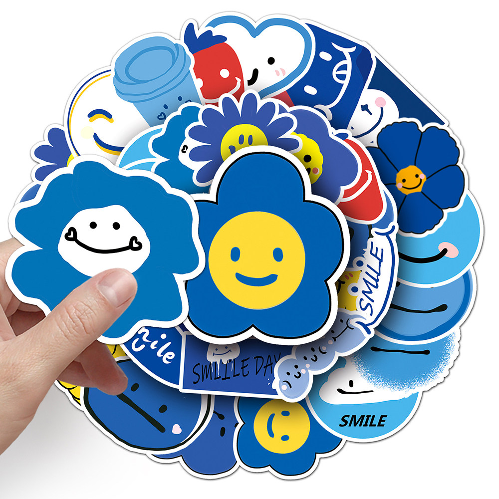 100张原创潮流蓝色微笑笑脸个性贴纸行李箱滑板手机壳水杯平板贴