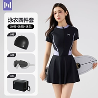 Черный и фиолетовый [купальник + шапочка для плавания + очки для плавания в большой оправе + сумка для плавания]