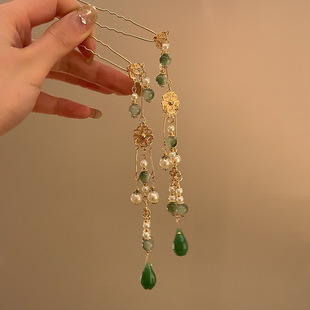 国风玉石花朵流苏发簪~烟雨江南~新中式发饰女后脑勺发钗汉服头饰