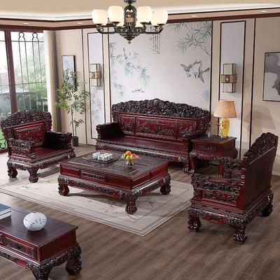 仿古实木沙发组合中式雕花明清古典别墅客厅冬夏两用古典家具