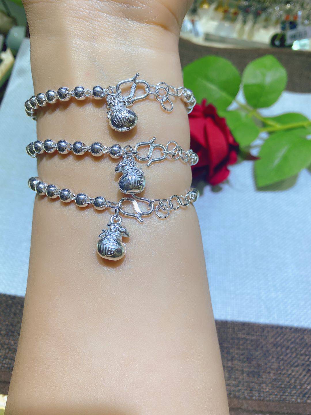 春晓老银匠纯银圆珠钱袋手链