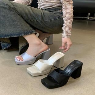 女 夏季 网红小个子凉鞋 2025新款 网红粗跟方头厚底防水超高跟凉拖鞋